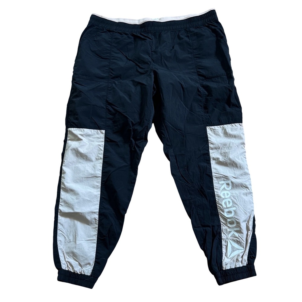 Reebok Men's Black Nylon Track Pants XXL Mesh Lined Athletic Joggers Retro Style
